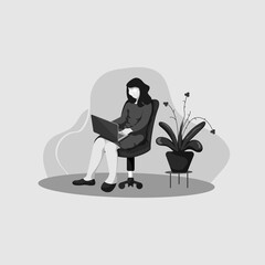 female employee using laptop while sitting. minimalist flat design
