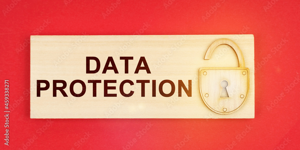 Poster On a red background there is a small plaque on it with a lock and an inscription - DATA PROTECTION