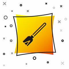Black Handle broom icon isolated on white background. Cleaning service concept. Yellow square button. Vector