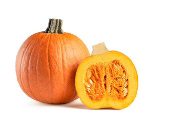 Pumpkin on a white background. Halloween theme. Sliced pumpkin on a white isolate. Highlight the...