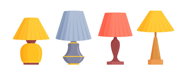 Set Table Work Lamps, Desk Bulbs and Torcheres of Modern Design with Colorful Shades. Electric Supplies for Home Decor