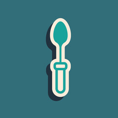 Green Teaspoon icon isolated on green background. Cooking utensil. Cutlery sign. Long shadow style. Vector
