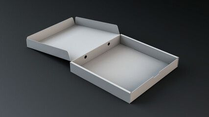 Empty pizza box. Isolated on gray background. 3d rendering illustration.