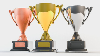 Gold, silver, bronze sports cup isolated on white background. 3d rendering illustration.