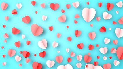 Fototapeta na wymiar Happy Valentine's Day kraft paper design, contains pink 3D hearts, soft blue background, 3D rendering. 