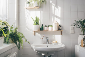 Modern white bathroom with a washbasin, big window, and many green plants. Shadows on the wall....