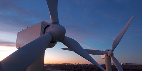 Two wind turbines with sunset in the background. 