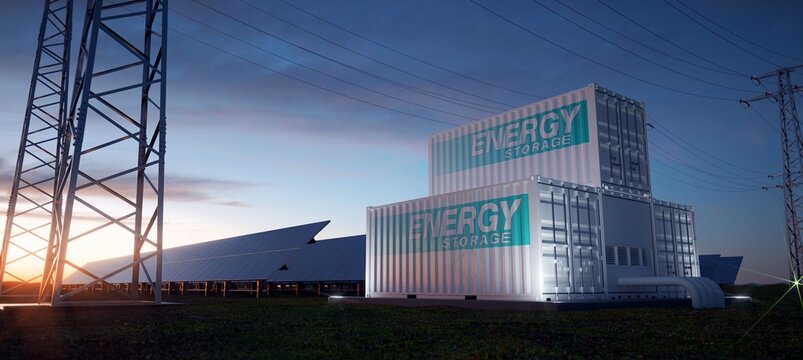 Energy storage containers. Solar panels at sunset. 