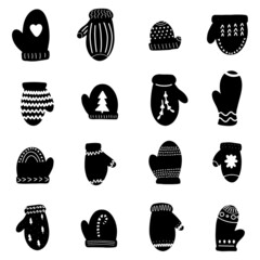 Mitten glove Christmas hand drawn black design elements illustration. Calligraphy holiday New Year icons set winter plant eve fir tree heart star candy cane striped for decoration pattern.