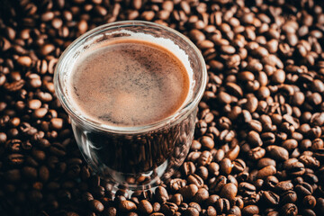 Double espresso glass on top of roasted beans