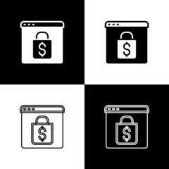Set Online shopping on screen icon isolated on black and white background. Concept e-commerce, e-business, online business marketing. Vector