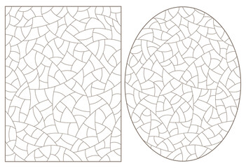 Set of abstract backgrounds contour stained glass, imitation of finely broken glass,dark outlines on a white background, rectangular and oval images
