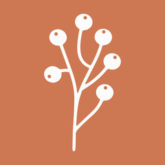 Hand drawn white berry Gelder rose plant on brown orange background illustration. Beautiful winter branch logo element Graphic design handdrawn Christmas holly template Decoration floral stock symbol