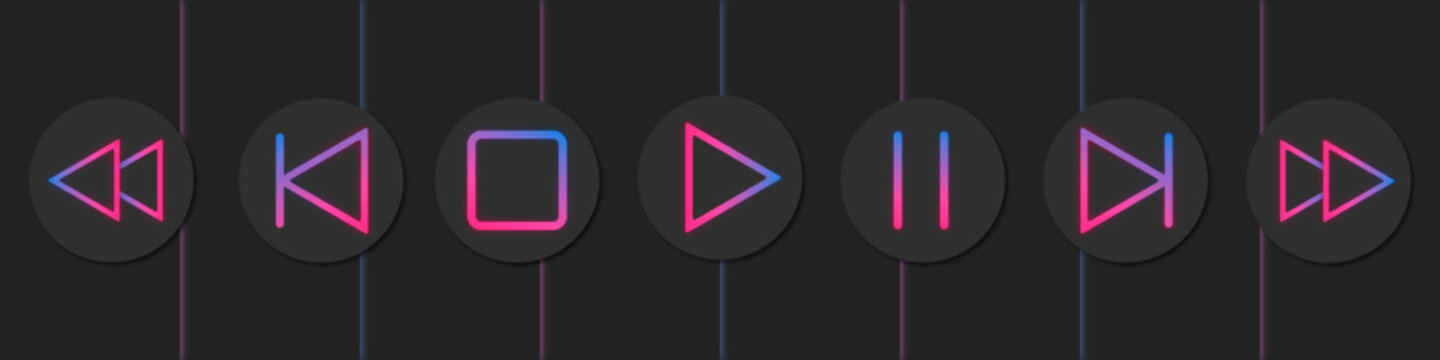 Botones para reproductor de m&uacute;sica o video, tonos ne&oacute;n azul y rosa y fondo oscuro, ilustraci&oacute;n vectorial