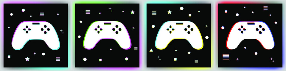 Game pad set flat, glitch style. Online technology concept. Play button icon. Web button. Logo design.  Banner design. Vector illustration. Beautiful neon colors. © Goldenboy_14