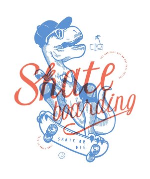T-rex dino skateboarding vintage typography t-shirt print. Street sports dinosaur character in baseball hat and sunglasses. Dino skater vector illustration.