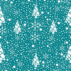 Christmas snow pattern with Christmas trees and snowflakes.For fabrics, for printing brochures, posters, parties, vintage textile design, postcards, packaging.