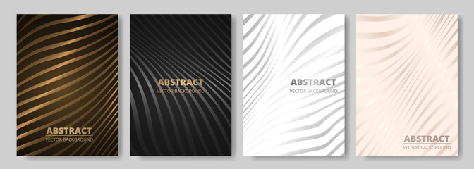 Modern elegant luxury cover design set for flyer layout, brochure, presentation. Vector luxury backgrounds collection with abstract wavy lines pattern in gold, black, white, silver and rose gold color