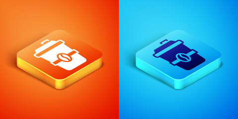 Isometric Coffee cup to go icon isolated on orange and blue background. Vector