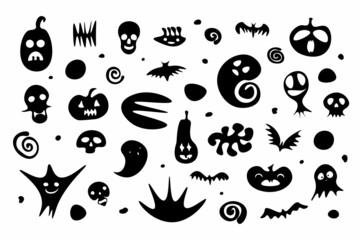 Happy Halloween set. Hand-drawn Black ghost, pumpkin, skeleton, skulls, bat on white background. Cute scary horror characters banner for fall holidays, Day of the Dead. Vector cartoon illustration