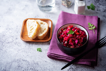 Beet potatoes green peas carrots pickled cucumbers salad
