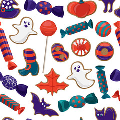 Colorful cookies and sweets for Halloween on white background. Vector seamless pattern. Blue orange green lollipops, gum, candy.