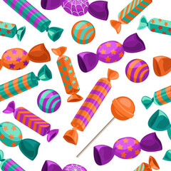 Purple, orange and green candies, gum and lollipops for Halloween isolated on white background. Vector seamless pattern. Colorful sweets with printed wrapper.