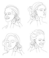 Collection. Silhouette of a lady. The woman puts an earring in her ear. Modern style drawing with one solid line and leaves. Sketches for decor, posters, stickers, logo. Vector illustration set.