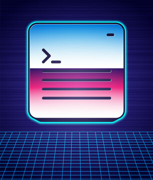 Retro style Software, web developer programming code icon isolated futuristic landscape background. Javascript computer script random parts of program code. 80s fashion party. Vector