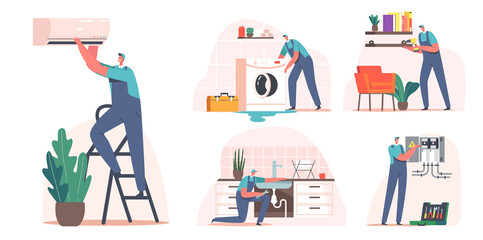 Set Repair Service, Electrician, Plumber Call Master at Work. Handyman Masters Male Characters in Uniform Working