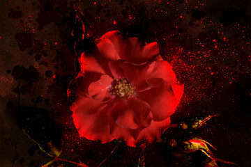 Top view of a red flower on the water with oil paint on it under the light