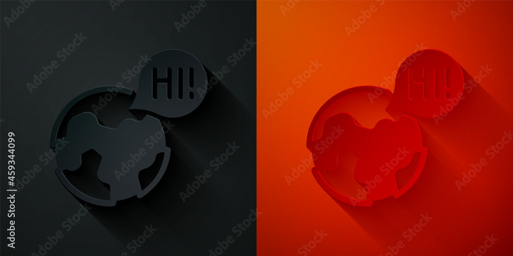 Poster paper cut learning foreign languages icon isolated on black and red background. translation, languag