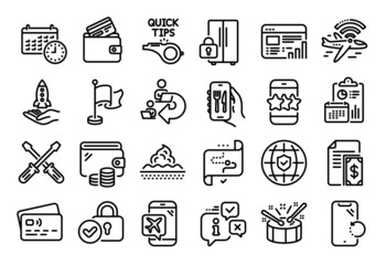 Vector set of Payment, Tutorials and Calendar line icons set. Calendar report, Money wallet and Credit card tag. Flag, Smartphone recovery and Debit card icons. Vector