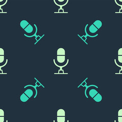 Green and beige Microphone voice device icon isolated seamless pattern on blue background. Microphone interpreter and alphabet letters. Vector