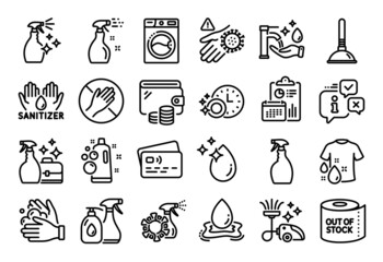 Vector set of Cleanser spray, Wash hand and Dont touch line icons set. Calendar report, Money wallet and Credit card tag. Dishwasher timer, Spray and Washing machine icons. Vector