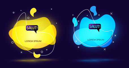 Black Salut in different languages icon isolated on black background. Speech bubbles. Abstract banner with liquid shapes. Vector