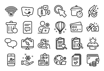 Vector set of Outsource work, Chat message and Boiling pan line icons set. Calendar report, Money wallet and Credit card tag. Smartphone statistics, Handout and Freezing icons. Vector