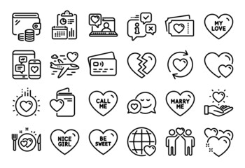 Vector set of Heart, Marry me and Nice girl line icons set. Calendar report, Money wallet and Credit card tag. My love, Love and Romantic dinner icons. Vector