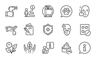 Healthcare icons set. Included icon as Healthy face, Medical shield, Uv protection signs. Pets care, Electronic thermometer, Medical tablet symbols. Leaves, Wash hands, Toilet paper. Vector