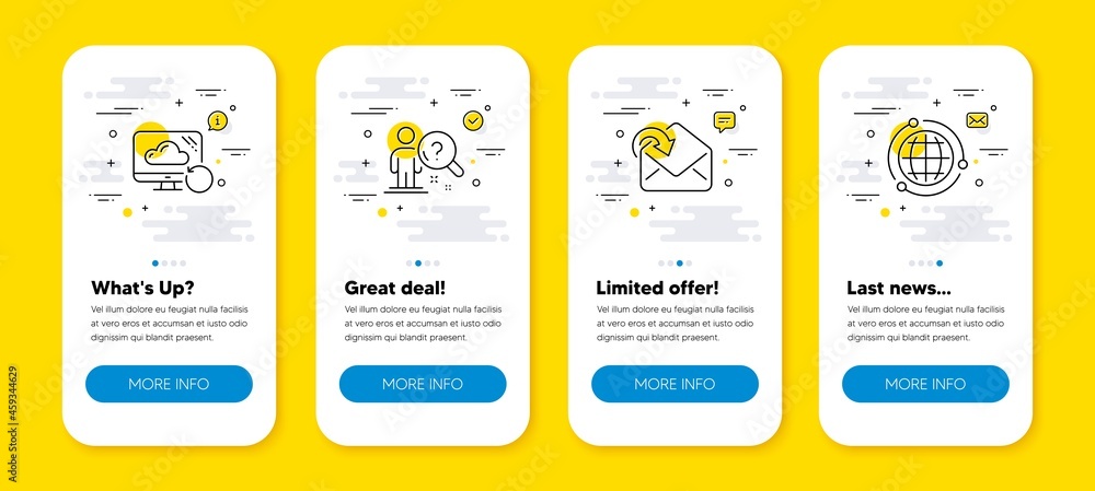 Poster vector set of recovery cloud, search employee and receive mail line icons set. ui phone app screens 