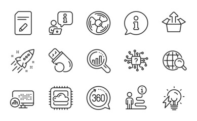 Technology icons set. Included icon as Send box, Internet search, Flash memory signs. Artificial intelligence, Seo analysis, Edit document symbols. Electricity bulb, Startup rocket. Vector