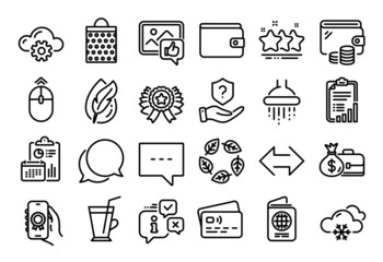 Vector set of Chat message, Snow weather and Organic tested line icons set. Calendar report, Money wallet and Credit card tag. Cloud computing, Passport and Money wallet icons. Vector