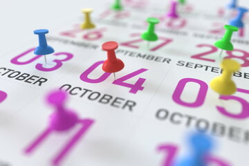 October 4 date marked with red pushpin on a calendar, 3D rendering