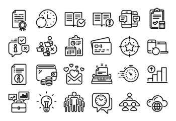 Vector set of Update time, Typewriter and Approved documentation line icons set. Calendar report, Money wallet and Credit card tag. Recovery devices, Love mail and Smartphone sms icons. Vector