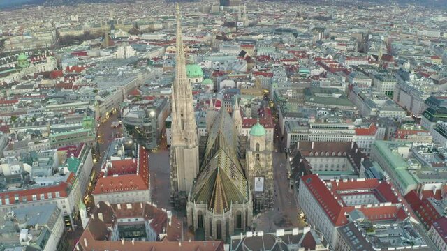 Sunset over Vienna skyline aerial view skyscrapers autria in 4k