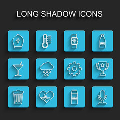 Set line Trash can, Heart rate, Pope hat, Paper package for milk, Microphone, Cloud with rain, Trophy cup and Cogwheel gear settings icon. Vector
