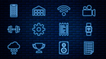 Set line Document, Smartwatch with wireless, Wi-Fi network, Cogwheel gear settings, Dumbbell, Mobile Apps, Paper financial check and Warehouse icon. Vector
