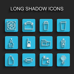 Set line Household chemicals bottle, American Football ball, Computer cooler, Wallet with coin, Industrial hook, Walkie talkie, Coffee cup and Cinema camera icon. Vector