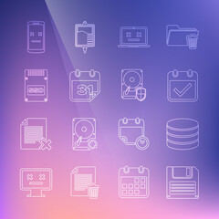 Set line Floppy disk, Database, Calendar with check mark, Dead laptop, SSD card, mobile and Hard drive HDD protection icon. Vector