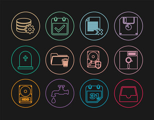 Set line Social media inbox, Floppy disk the 5.25-inch, Delete file document, folder, Tombstone with cross, Setting database server, Hard drive HDD protection and Calendar check mark icon. Vector